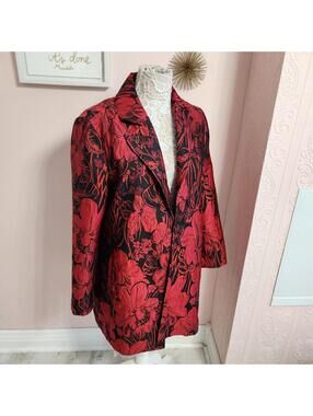 Chico’s Floral Jacquard Topper Jacket Black Red  2 Large  Long Blazer